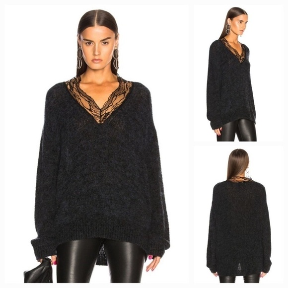 IRO Diamon Lace-Trimmed V-Neck Wool/Mohair Blend Grey Sweater - Picture 1 of 7